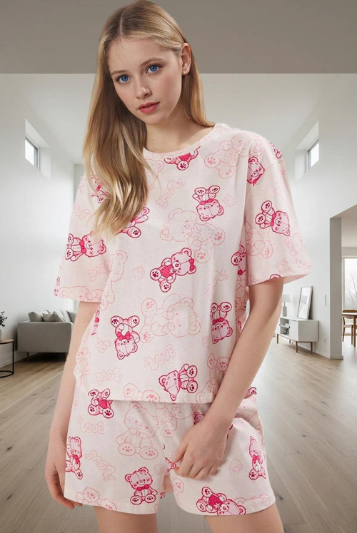 Yazlık %100 Pamuk Ayıcıklı Pijama Takımı Rahat Nefes Alan Boru Paça Şort Zarifane Tasarım