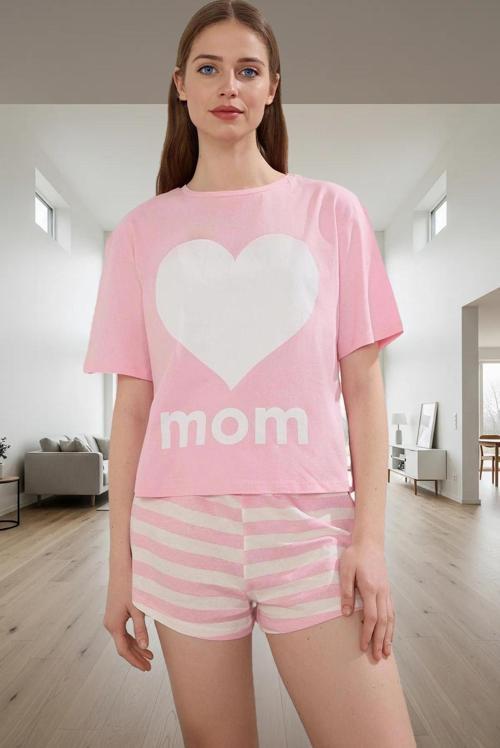 Anne Kız Pijama Takımı %100 Pamuk Örme Kumaş Rahat Kalıp Çizgili Şort Zarifane Tasarım