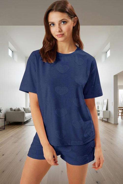 Pamuklu Örme Pijama Takımı Kalpli Desenli Regular Kalıp Zarifane Tasarım Seçkin Malzeme