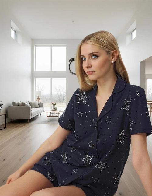 Rahat Yazlık Pijama Takımı Yıldız Desenli Örme Gömlek ve Şort Mükemmel Uyum Özel Tasarım
