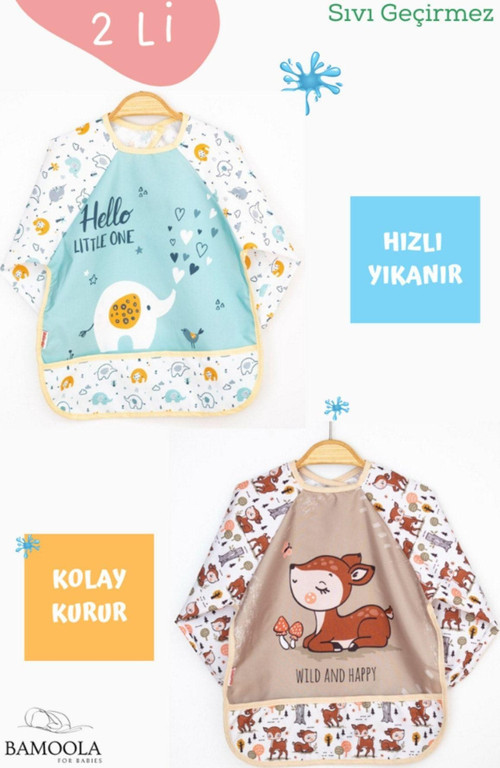 2 Li Beyaz Fil Ve Karaca Desenli Uzun Kollu Bebek Mama Önlüğü