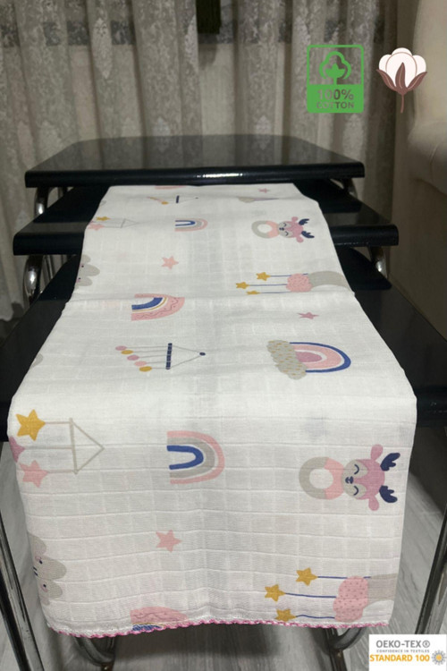 %100 Pamuk Pembe Bulut Desenli 80X90 Cm Müslin Örtü Bebek / Çocuk / Yenidoğan Kenar Işlem
