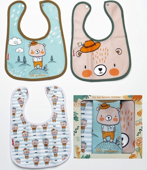 3 Adet Ayıcık Desenli Bebek Mama Ve Salya Önlüğü - (Sıvı Geçirmez - Microfiber - Çıtçıtlı)