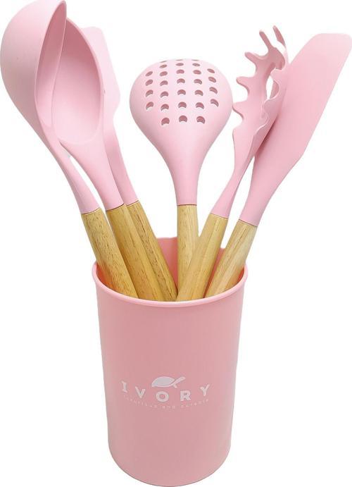 Doğal Bambu Saplı %100 Silikon Mutfak Seti 6 Parça Pembe