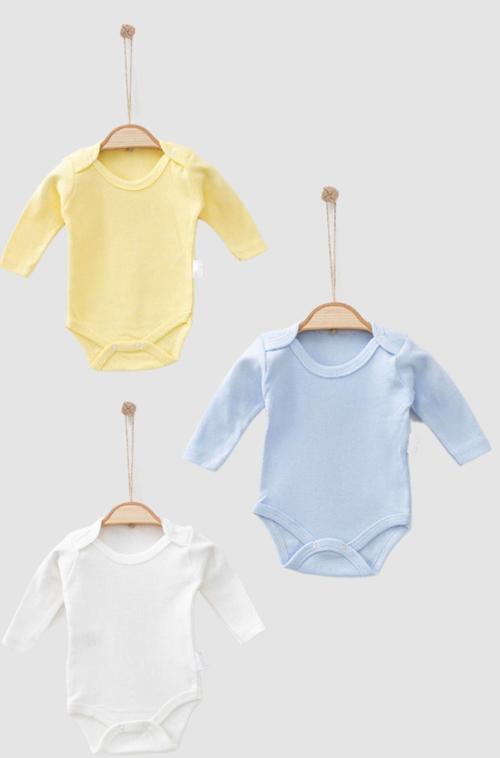 %100 Organik Pamuklu Düz Erkek 3'Lü Atlet Body Zıbın - Uzun Kollu - Çıtçıtlı (Mavi - Sarı - Beyaz)