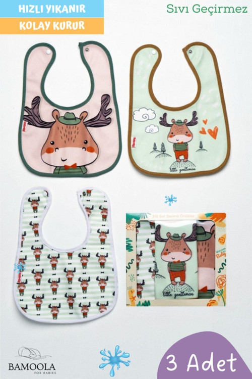 3 Adet Geyik Desenli Bebek Mama Ve Salya Önlüğü - (Sıvı Geçirmez - Microfiber - Çıtçıtlı)