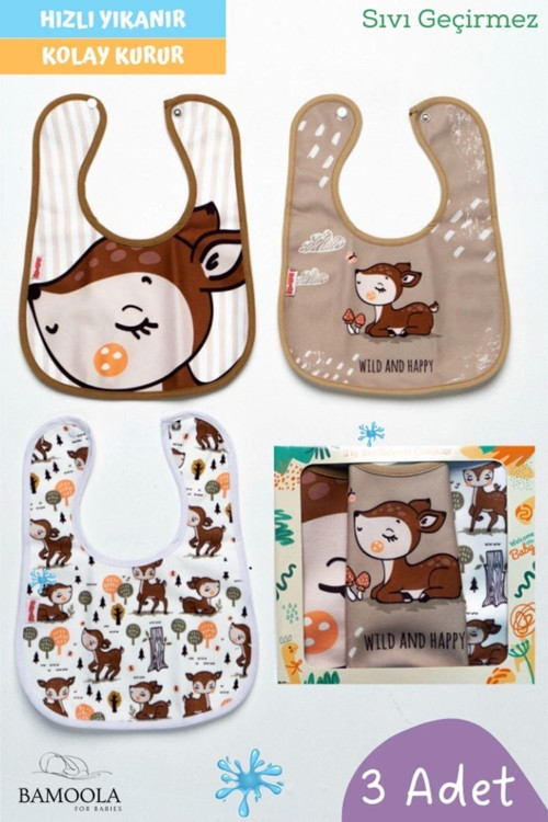 3 Adet Karaca Desenli Bebek Mama Ve Salya Önlüğü - (Sıvı Geçirmez - Microfiber - Çıtçıtlı)