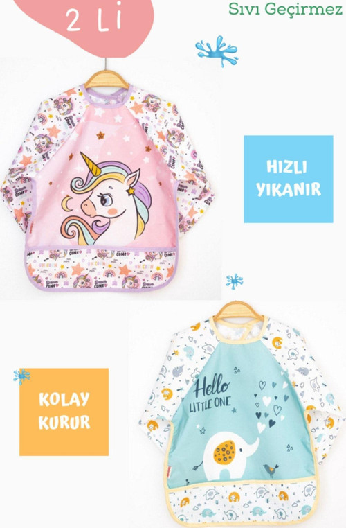 2 Li Unicorn Ve Beyaz Fil Desenli Uzun Kollu Bebek Mama Önlüğü