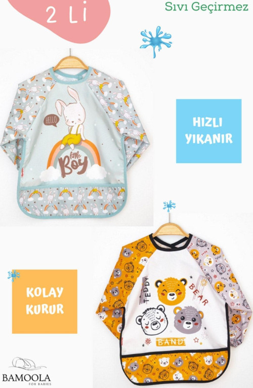 2 Li Tavşan Ve Ayı Desenli Uzun Kollu Bebek Mama Önlüğü