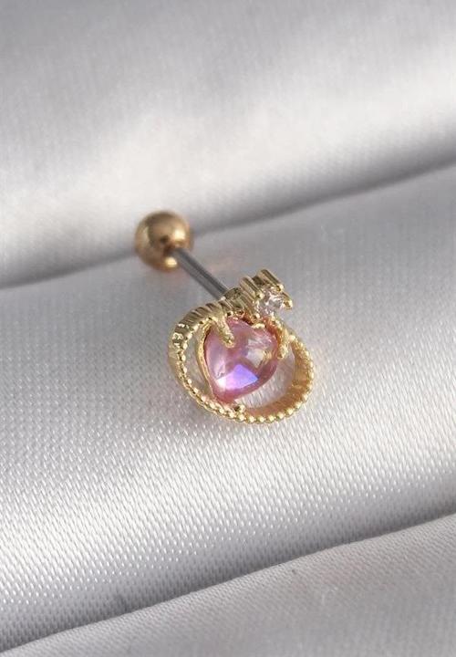 316L Çelik Gold Renk Pembe Mineli Kalp Zirkon Taş Detay Tragus Piercing