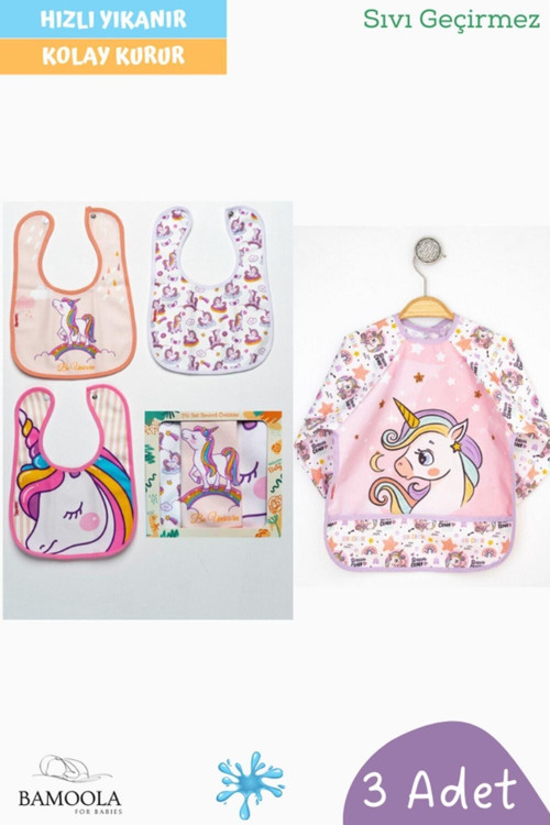 4'Lü Unicorn Desenli Uzun Kollu Bebek Mama Önlüğü (3 Kolsuz + 1 Kollu)