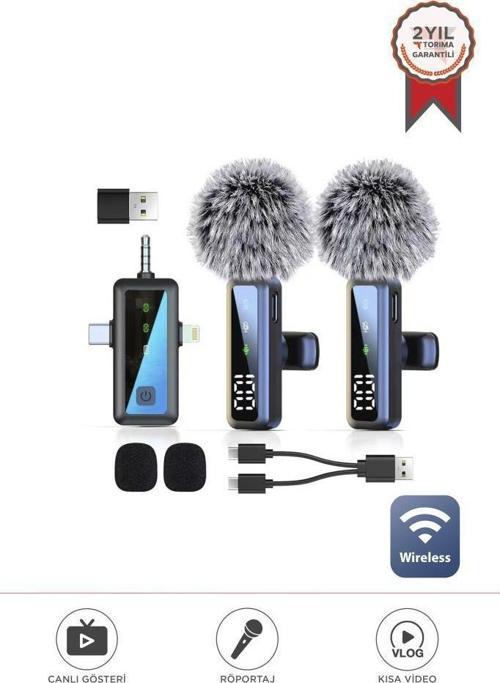 H68 Type-C + Lightning + Aux 2li 3in1 Kablosuz Yaka Mikrofonu