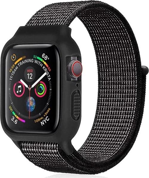 Apple Watch 38mm Hasırlı Cırtcırtlı Kasalı Kordon - Benekli Siyah
