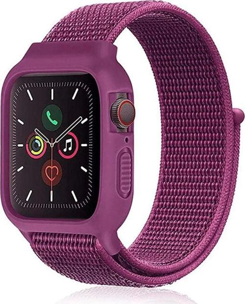 Apple Watch 38mm Hasırlı Cırtcırtlı Kasalı Kordon - Fuşya