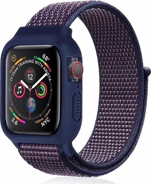 Apple Watch 38mm Hasırlı Cırtcırtlı Kasalı Kordon - Lacivert-Mürdüm
