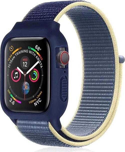 Apple Watch 38mm Hasırlı Cırtcırtlı Kasalı Kordon - Sarı-Lacivert