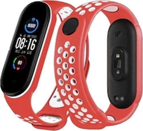 Xiaomi Mi Band 6 Spor Delikli Kordon - Kırmızı-Beyaz