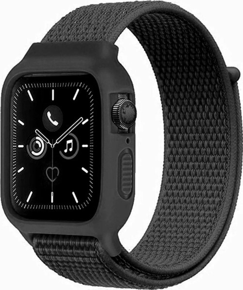 Apple Watch 38mm Hasırlı Cırtcırtlı Kasalı Kordon - Siyah