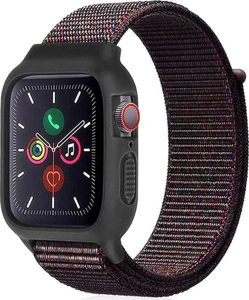 Apple Watch 38mm Hasırlı Cırtcırtlı Kasalı Kordon - Siyah-Mavi