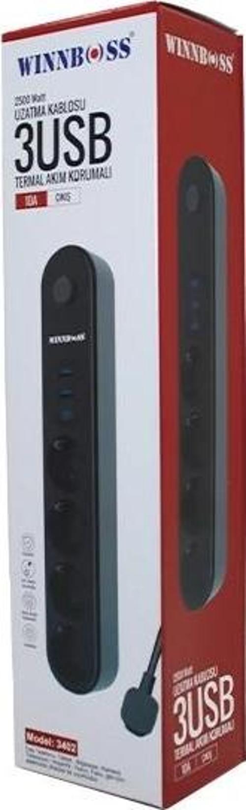 Termal Akım Korumalı 4lü Priz 3xusb 2mt Anahtarlı Uzatma Kablo Siyah 10a - 2500w