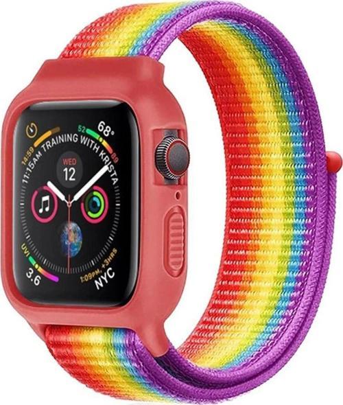 Apple Watch 42mm Hasırlı Cırtcırtlı Kasalı Kordon - Gökkuşağı