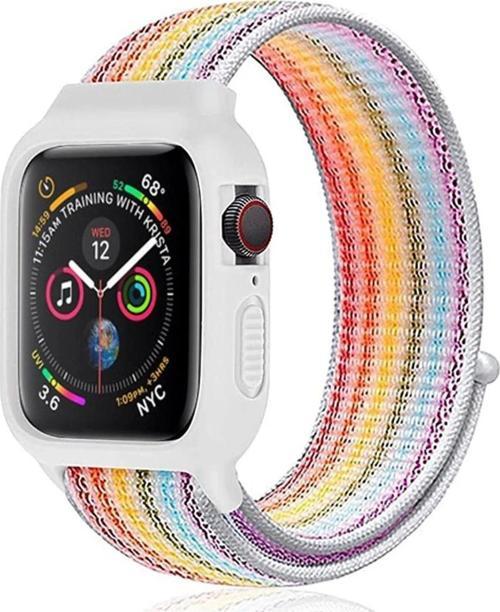 Apple Watch 42mm Hasırlı Cırtcırtlı Kasalı Kordon - Gökkuşağı 2
