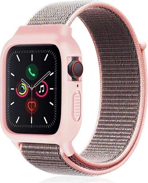 Apple Watch 42mm Hasırlı Cırtcırtlı Kasalı Kordon - Pembe