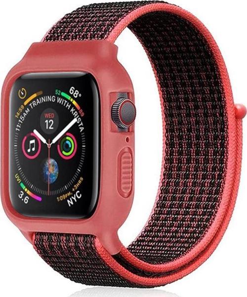 Apple Watch 42mm Hasırlı Cırtcırtlı Kasalı Kordon - Siyah-Pembe