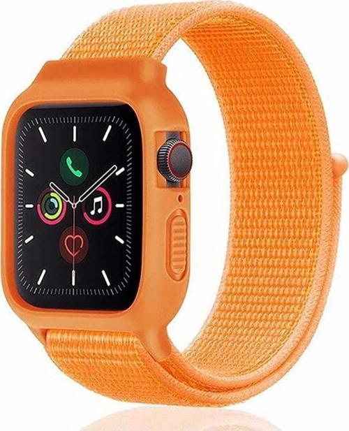 Apple Watch 42mm Hasırlı Cırtcırtlı Kasalı Kordon - Turuncu
