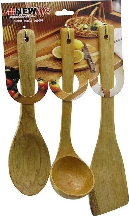 3pcs Ahşap Bambu  Mutfak Servis Seti  Kaşık=27cm - Kepçe=27cm - Spatula=32cm