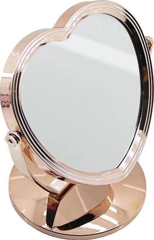 Kalp Model 7 İnç= Çap:17.5cm Makyaj Aynası Çift Taraflı Bronz - Gümüş Pls.çerçeve Sabit Ayak