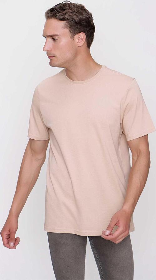 Erkek Bej Basic Düz %100 Pamuk Bisiklet Yaka Slim Fit Dar Kesim Kısa Kollu Tişört