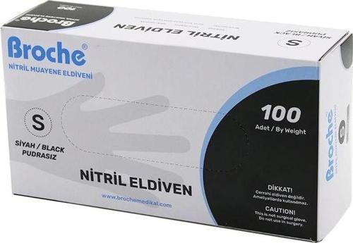 Broch  S Beden Siyah Pudrasız Nitril Muayene Eldiveni  100lü