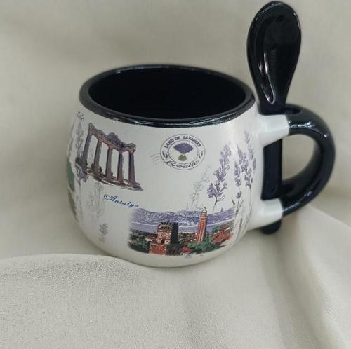 Bardak Kupa Seramik Kulplu Kaşıklı 100 ml Yöresel Meşrubat Su Kahve Bardağı Antalya Görselli