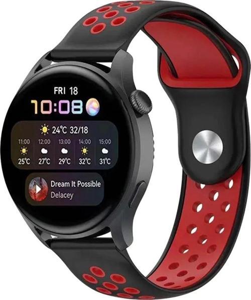 Watch 22mm Spor Delikli Kordon - Siyah-Kırmızı