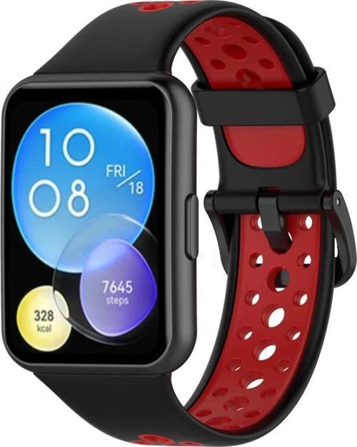 Huawei Watch Fit 2 Spor Delikli Kordon - Siyah-Kırmızı
