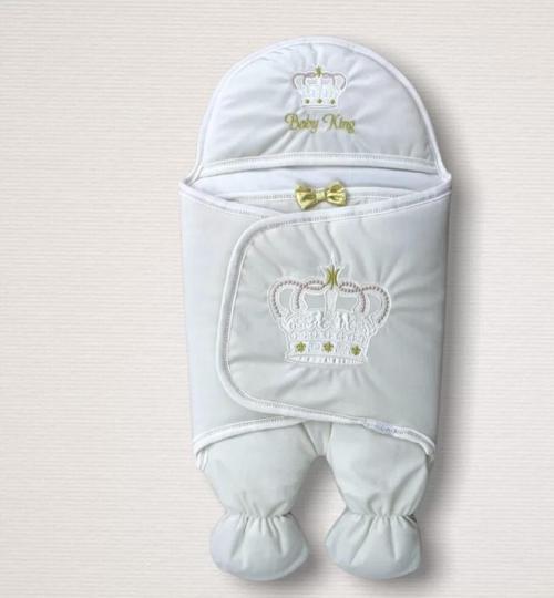 Yenidoğan King Baby Taç Nakışlı Ayaklı Erkek Bebek Kundak Ekru