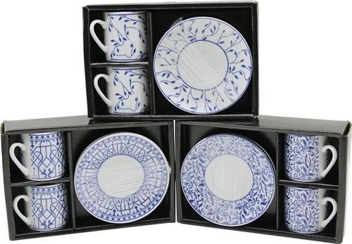 Mavi - Beyaz 4pcs=2-takım  Porselen Kahve Fincanı  Çiçek - Çizgi - Nokta Mix Desen