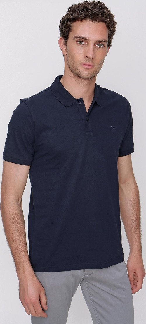 Erkek Lacivert Basic Düz %100 Pamuk Slim Fit Dar Kesim Kısa Kollu Polo Yaka Tişört