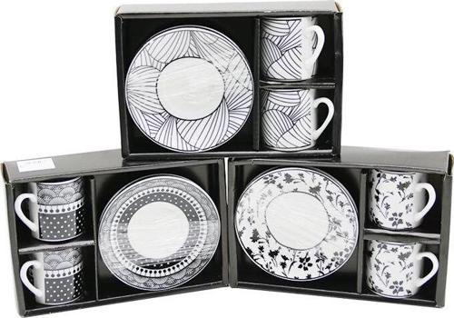 Siyah - Beyaz 4pcs=2-takım  Porselen Kahve Fincanı  Çiçek - Çizgi - Nokta Mix Desen