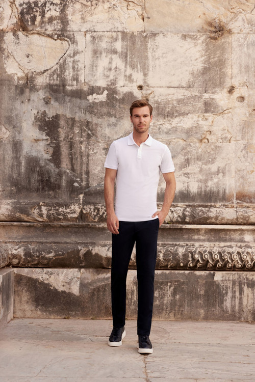 Erkek Beyaz Basic Düz %100 Pamuk Slim Fit Dar Kesim Kısa Kollu Polo Yaka Tişört