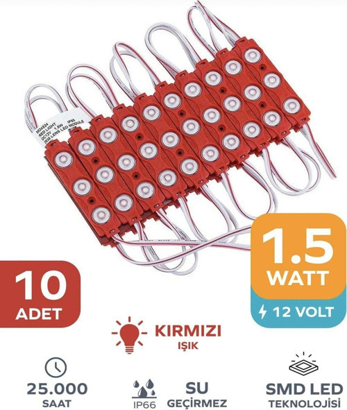 3 Ledli Parmak Led Modül 1.5W 2835 Smd Mercekli 12V-10 Adet Kırmızı