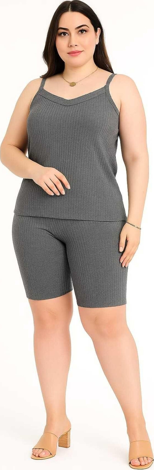 Kadın Büyük Beden İp Askılı Bluz Ve Kapri Alt Üst Pijama Takımı