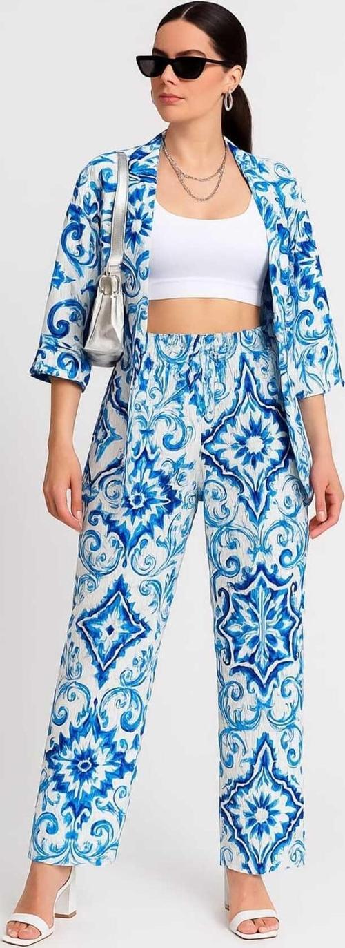 Kadın Açık Mavi Desenli Kimono Ve Pantolon İkili Takım