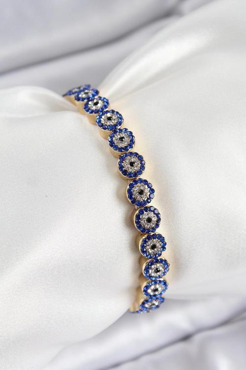 Pirinç Zirkon Taşlı Lacivert Nazar Model Gold Renk Lastikli Kadın Bileklik