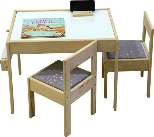 Ahşap Çocuk Masası Yaz Sil Yüzeyli 2 Sandalyeli Rulo Kağıtlı