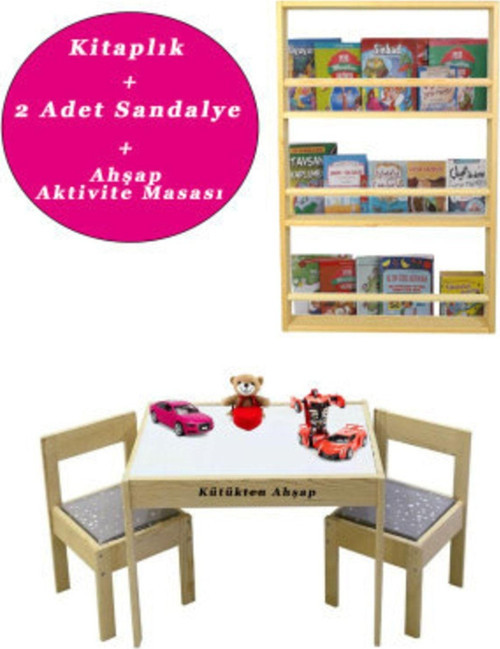 Ahşap Aktivite Masası + 2 Sandalye + Kitaplık 3 Raflı