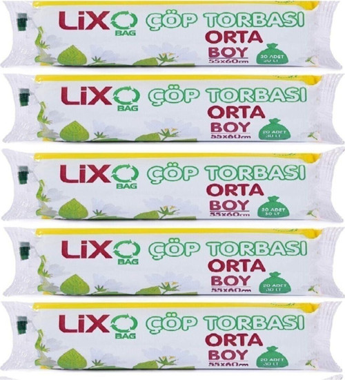 Lixo Orta Boy Çöp Poşeti 20 Li Rulo * 5 Paket = 100 Adet 55*60 Cm Mavi