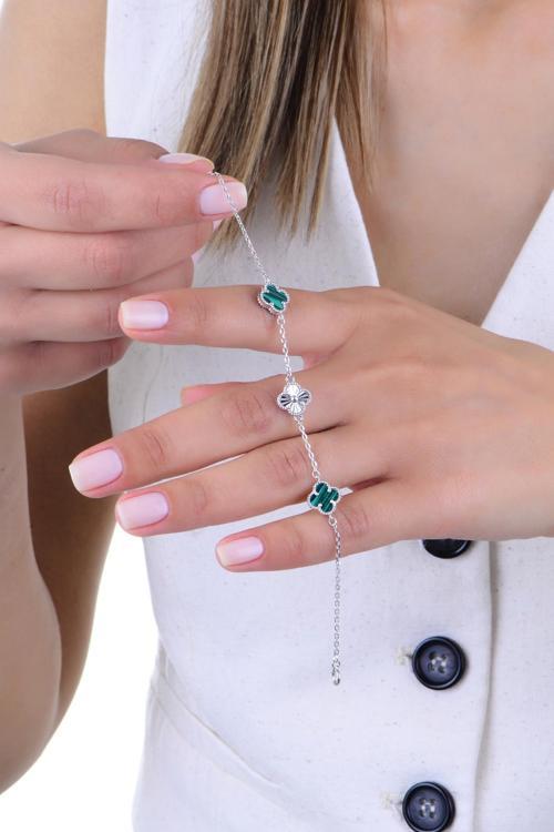 Gümüş rodyumlu lazer işlemi malakit (malahit) taşlı clover yonca bileklik [barcode]