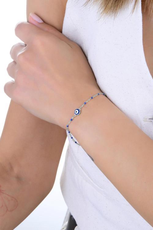 Gümüş rodyumlu nazar boncuklu mineli zincir bileklik [barcode]